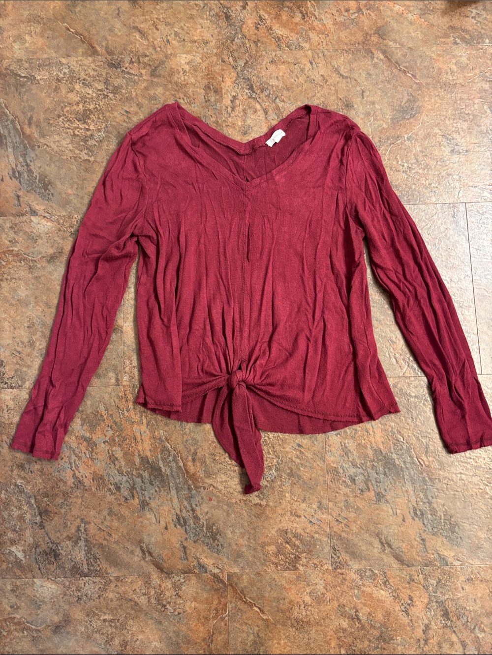 Eyeshadow Long-Sleeve V-Neck Tie-Front Top - Maroon